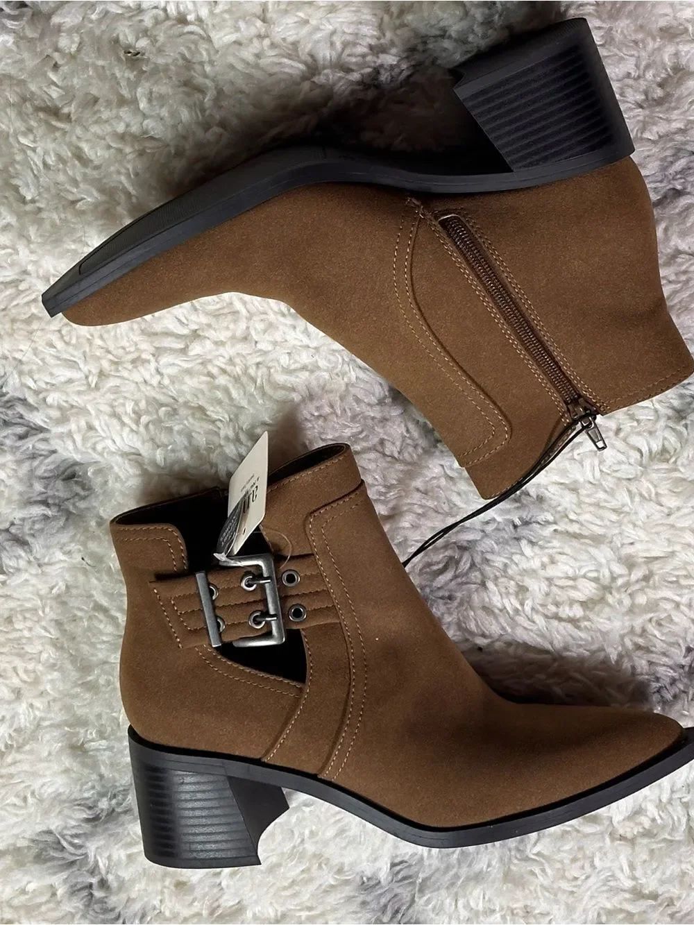 a.n.a Brown Suede-Look Ankle Booties with Buckle Accent